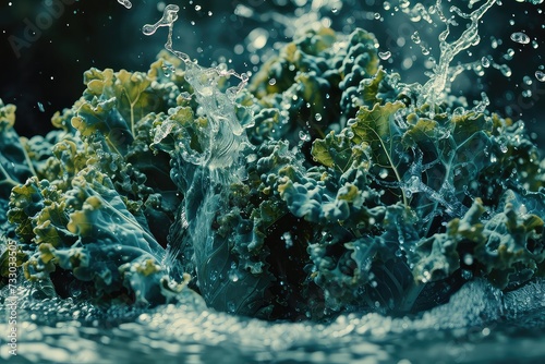 Kale In Water Surreal And Forming A Splash Falling Into The Water Realistic Scene
