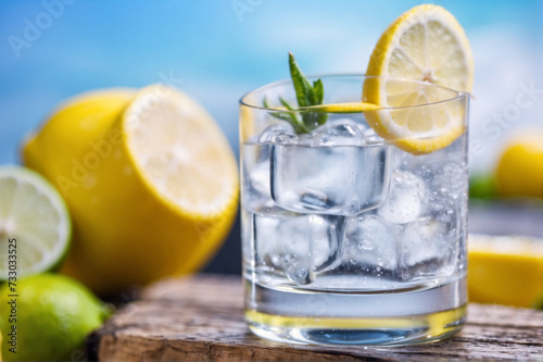 Alcoholic gin tonic drink with ice and lemon on a beautiful background, top view., 4k quality