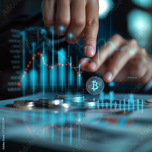 Close up of businessman hands using tablet with financial chart and coin stack  © Maria