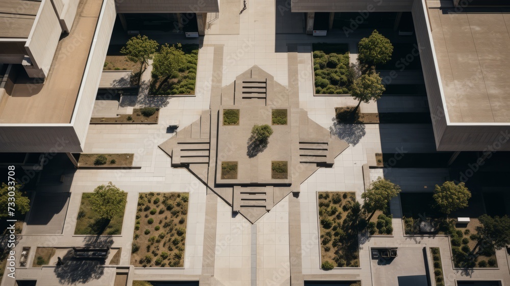 An overhead view of a brutalist plaza with clean lines