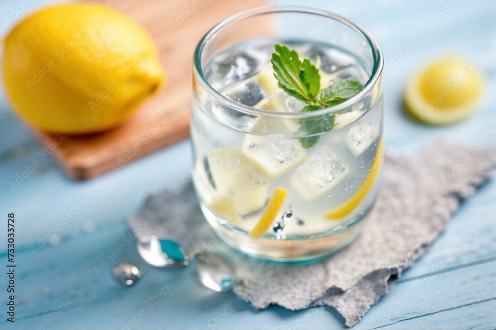 Alcoholic gin tonic drink with ice and lemon on a beautiful background, top view., 4k quality Alcoholic gin tonic drink with ice and lemon on a beautiful background, top view., 4k quality