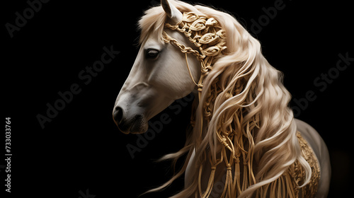 A horse with a mane braided with ribbons