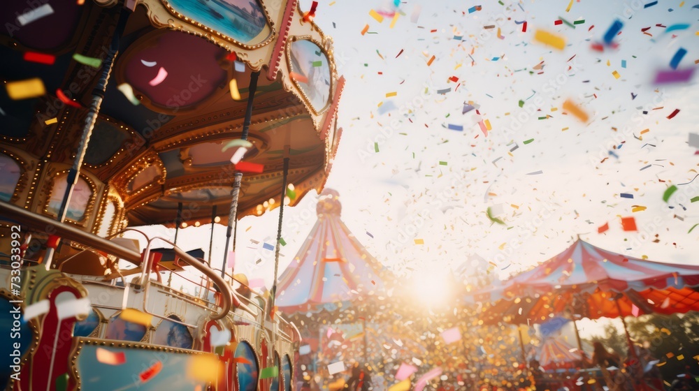 Confetti falling around a jubilant carnival ride
