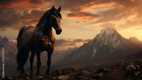 A horse with a mountain range in the background