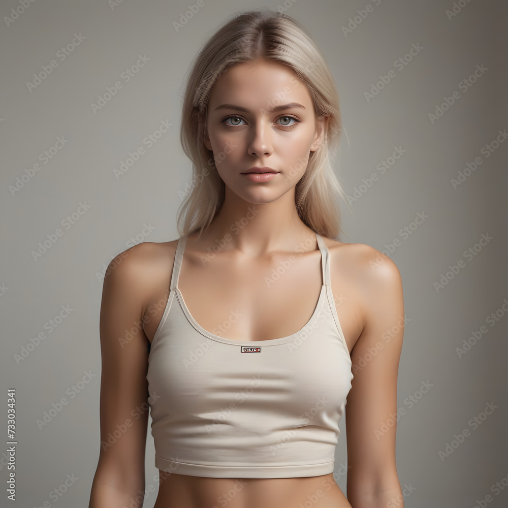 Studio portrait of a girl in underwear and a lose crop and worm gray background Studio portrait of a girl in underwear and a lose crop and worm gray background
