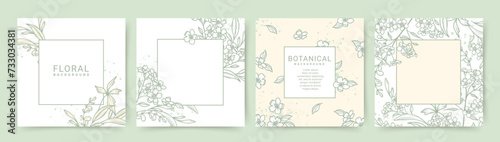 Floral frame with hand drawn spring flowers, branches and leaves in line art style. Botanical vector templates for card, label, corporate identity, wedding invitation, banner, social media, packaging