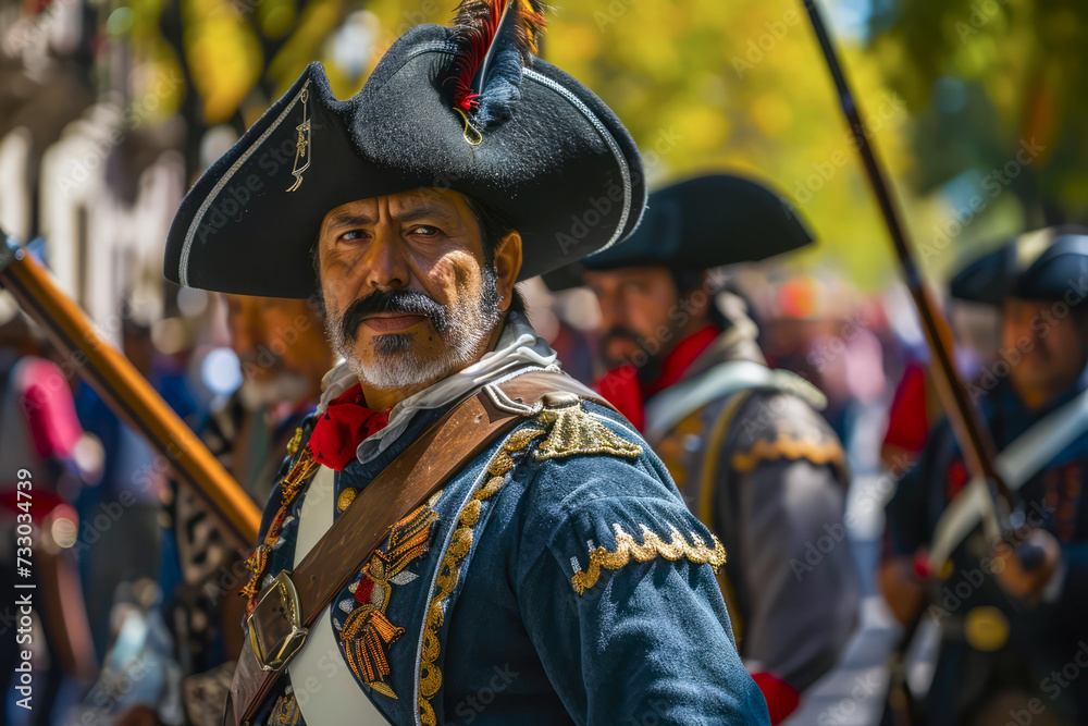 Participants dressed in historical uniforms reenacting pivotal moments of the Battle of Puebla during a Cinco de Mayo parade. - obrazy, fototapety, plakaty 