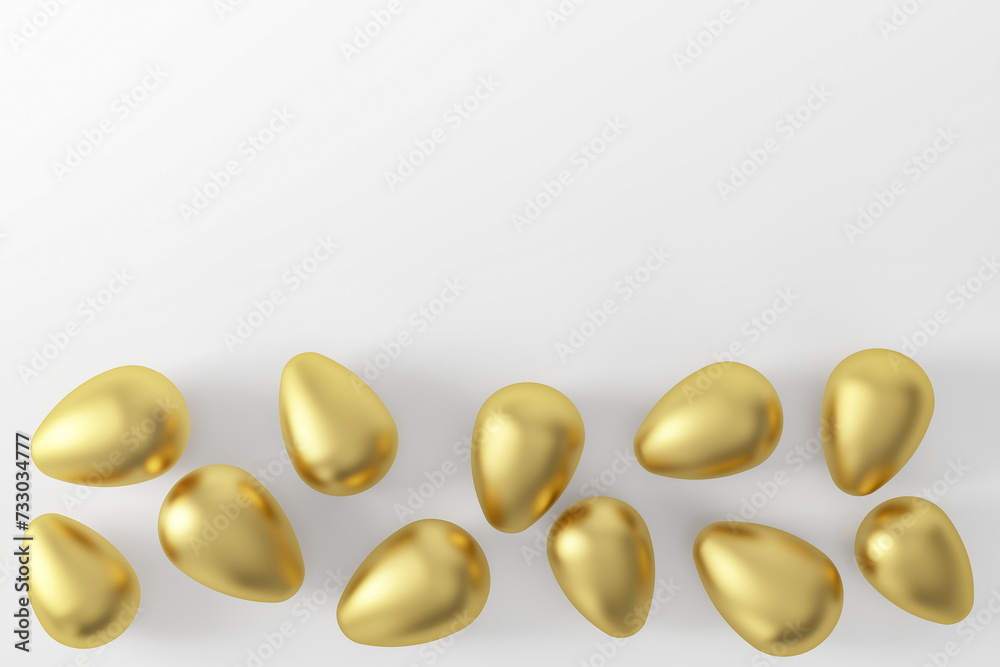Golden Easter eggs on a white background. View from above. Easter holiday. Background for postcards, greetings, banner for Easter. Golden Easter eggs on a white background. View from above. Easter holiday. Background for postcards, greetings, banner for Easter.