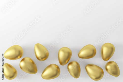Golden Easter eggs on a white background. View from above. Easter holiday. Background for postcards, greetings, banner for Easter.