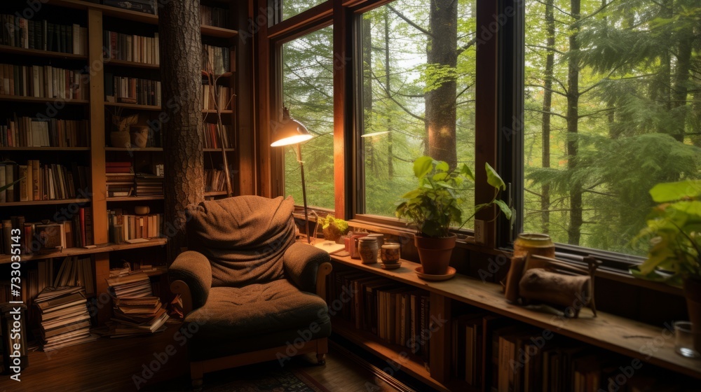 Relaxing reading session by a peaceful forest cabin