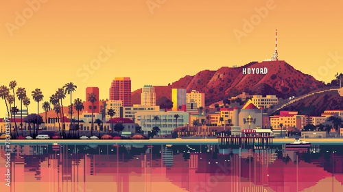 Famous landmarks like the Hollywood Sign, the Walk of Fame, and the Santa Monica Pier are depicted in simplified, recognizable forms, adding to the charm of the colourful pixelated cityscape photo