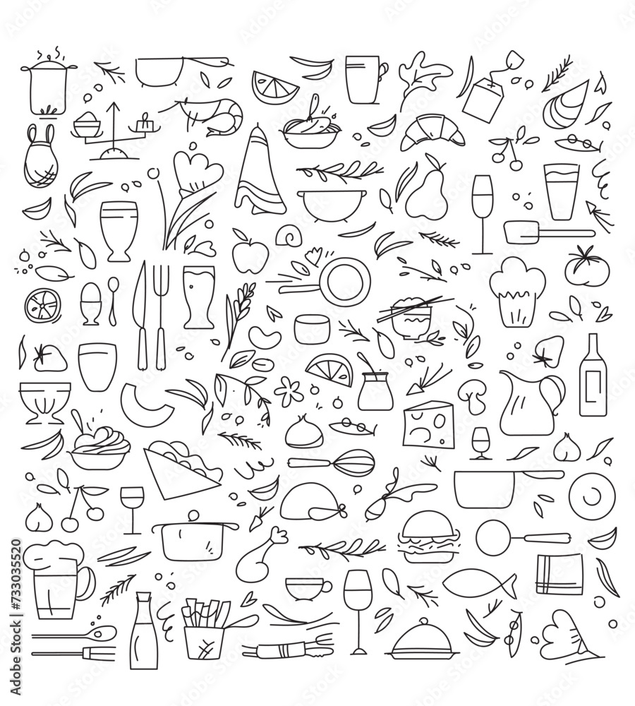 collection de symboles pour la cuisine, le restaurant, l'épicerie, les recettes, le marché, les halles, producteur, agriculteur, crémier, laitier, jardinier, maraicher, brasseur, viticulteur collection de symboles pour la cuisine, le restaurant, l'épicerie, les recettes, le marché, les halles, producteur, agriculteur, crémier, laitier, jardinier, maraicher, brasseur, viticulteur