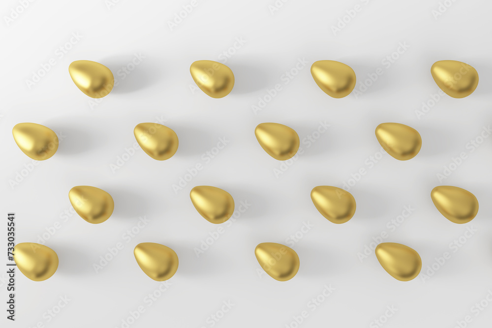 Golden Easter eggs on a white background. Evenly spread golden eggs. Decoration for Easter, background for postcards, wallpapers, banners.