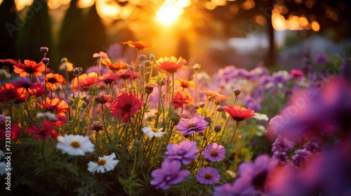 Vibrant flowers in a garden under the soft light of sunset