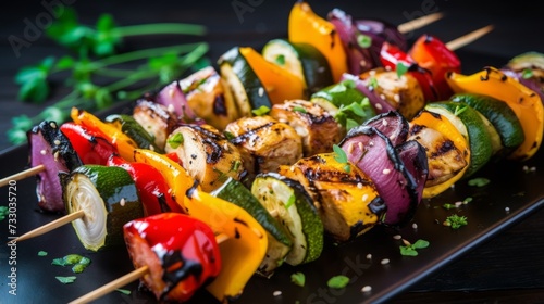 Colorful skewers of bbq vegetables, a vegetarian bbq delight