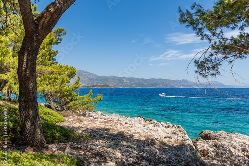 Beautiful rocky coast with turquoise sea on a sunny summer day on Badija island, Korcula, Croatia