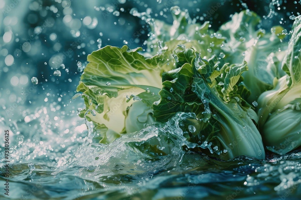 Bok choy  In Water Surreal And Forming A Splash Falling Into The Water Realistic Scene - obrazy, fototapety, plakaty 
