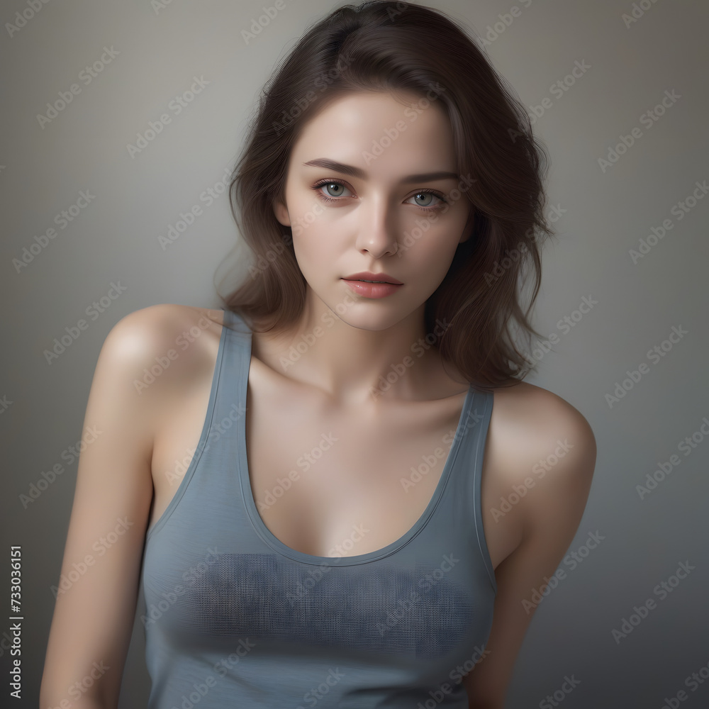 portrait of a woman in a Crop top & underwear with a neutral face. Soft natural gray background portrait of a woman in a Crop top & underwear with a neutral face. Soft natural gray background