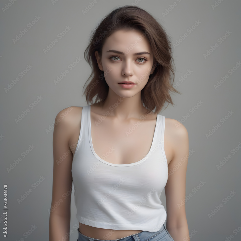 portrait of a woman in a Crop top & underwear with a neutral face. Soft natural gray background portrait of a woman in a Crop top & underwear with a neutral face. Soft natural gray background