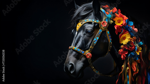A portrait of a horse with a colorful bridle
