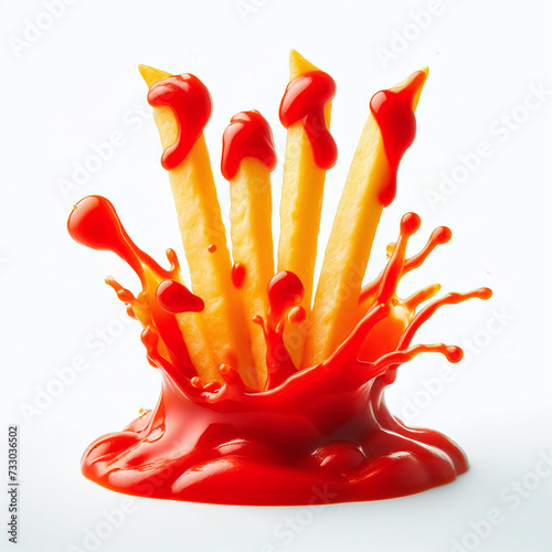 French fries with ketchup isolated on white background. Fast food.
