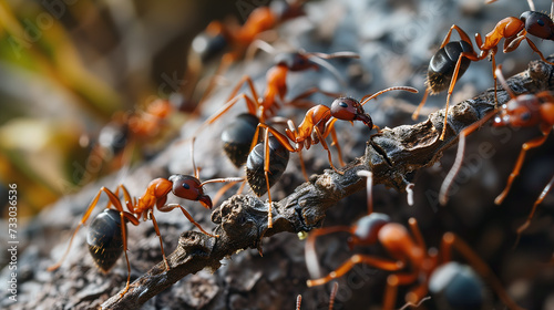 Close-up of ants working together on a branch, showcasing teamwork and collaboration