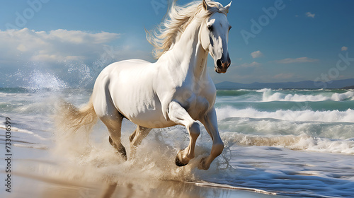 A white horse galloping on the beach