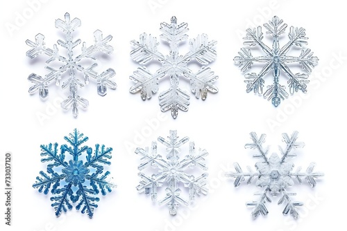 Set of different snowflakes isolated on white background. Macro photo of real snow crystals. Generative AI 