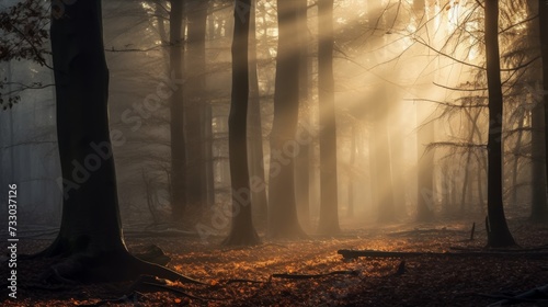 Moody forest with mystical fog at sunrise