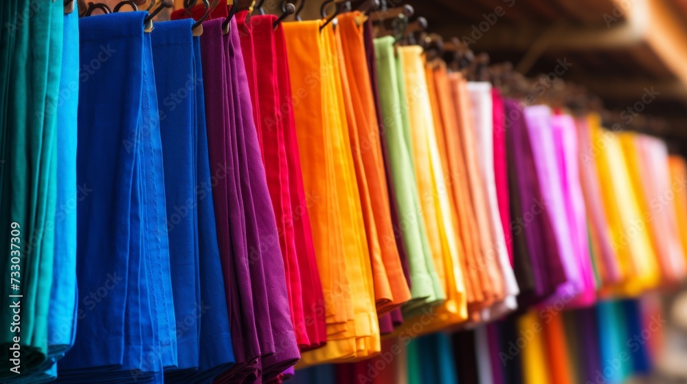 Rainbow-colored fabrics hanging in a market