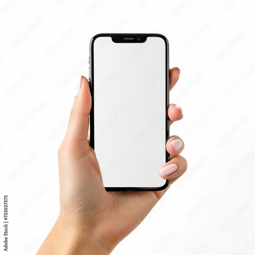 mockup, hand with great color nail design holds big phone with white screen mockup, hand with great color nail design holds big phone with white screen