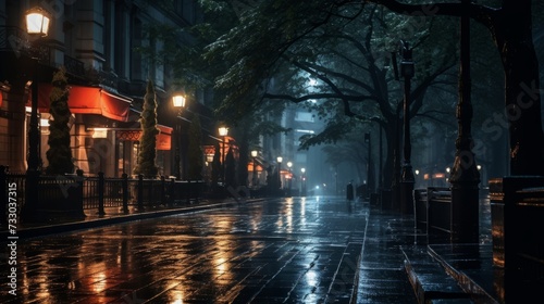 Rain soaked city street with a moody ambiance © Cloudyew