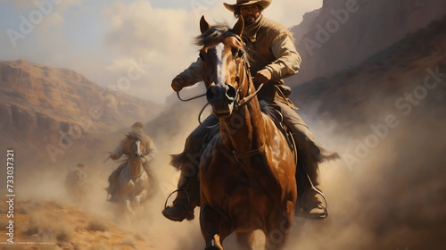 A cowboy leading a horse by the reins