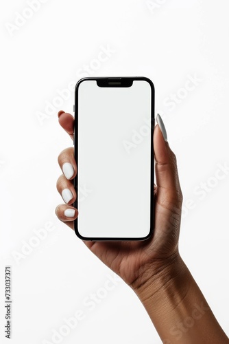 mockup, hand with great color nail design holds big phone with white screen 