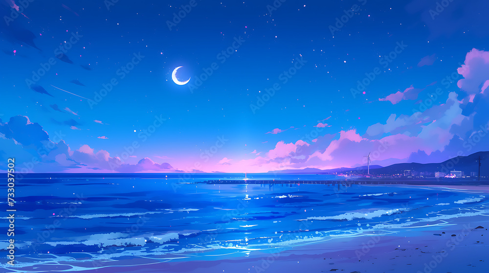 night landscape with moon, moon over the sea, ocean beach background in the night anime style generative ai