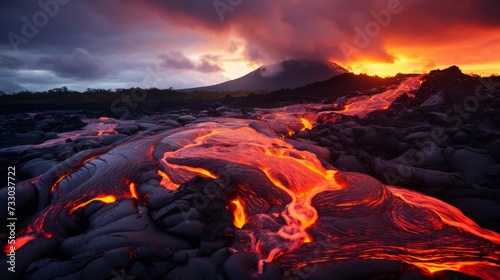The fiery lava flowing from a volcano