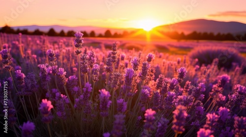 The golden hour glow on a field of lavender
