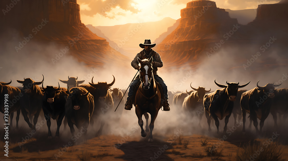 A cowboy on horseback herding cattle