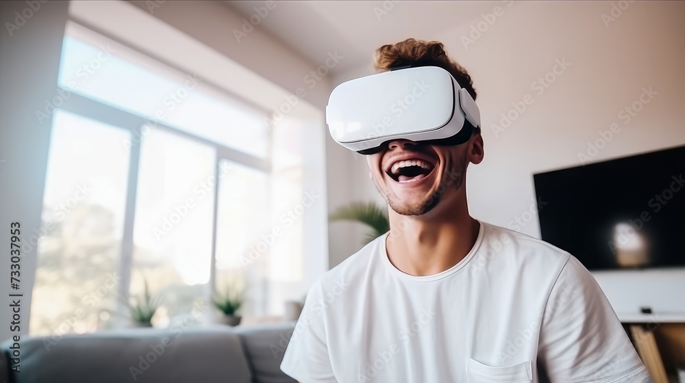 Portrait of happy smiling enthusiastic Caucasian guy man person in virtual reality headset in white room. Portrait of happy smiling enthusiastic Caucasian guy man person in virtual reality headset in white room.