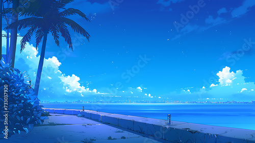 winter landscape with snow, moon over the sea, ocean beach background in the night anime style generative ai