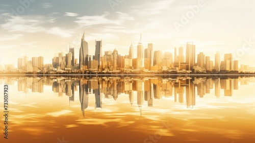 The reflection of a city in golden river waters