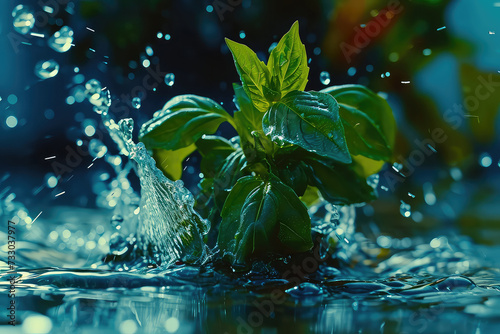 Basil In Water Surreal And Forming A Splash Falling Into The Water Realistic Scene