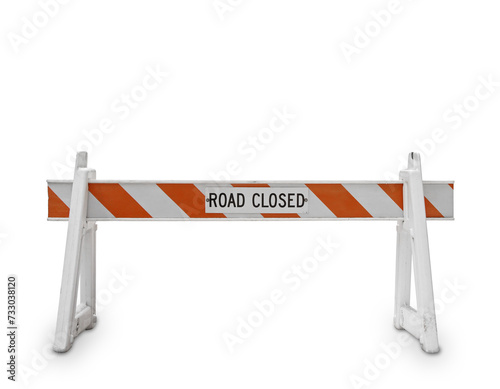White and orange road closed barricade sign isolated on white background. Safety and restriction concept photo
