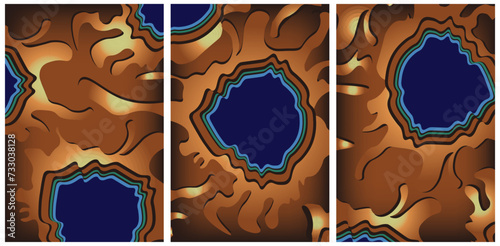 Crater Volcano triptych. Abstract Thermal lake. Solar system. Yellowstone painting. Vector illustration can used design interior art poster banner. EPS 10
