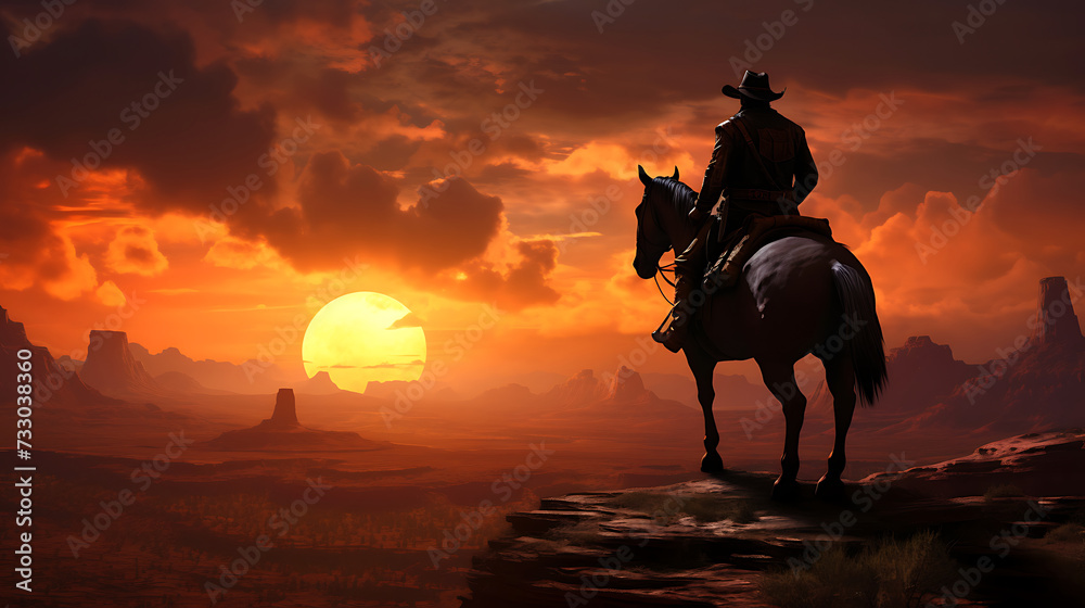 A cowboy riding a horse at sunset