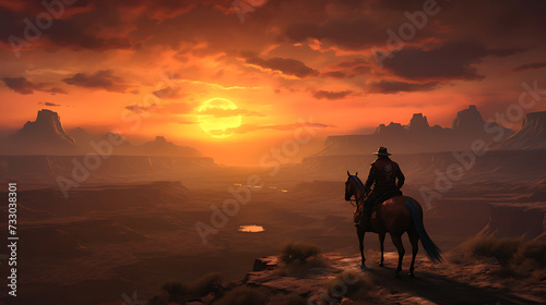 A cowboy riding a horse at sunset © Muhammad