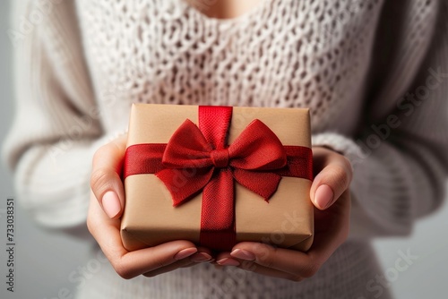 Close up on female hands holding a gift for valentine day, birthday, mother's day. Symbol of love. Valentines day background with a gift boxes, Generative AI 