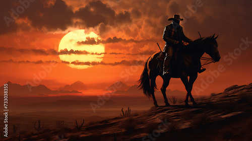 A cowboy riding a horse at sunset