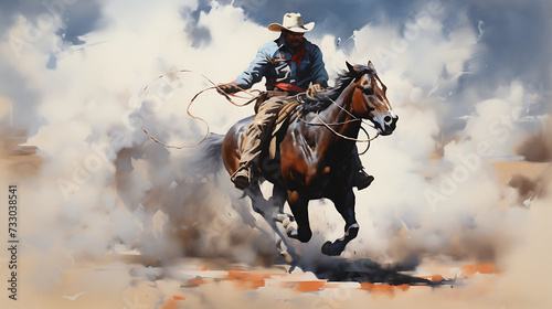 A cowboy roping a calf from horseback