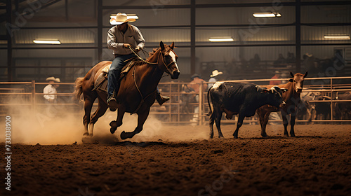 A cowboy roping a calf in a rodeo arena